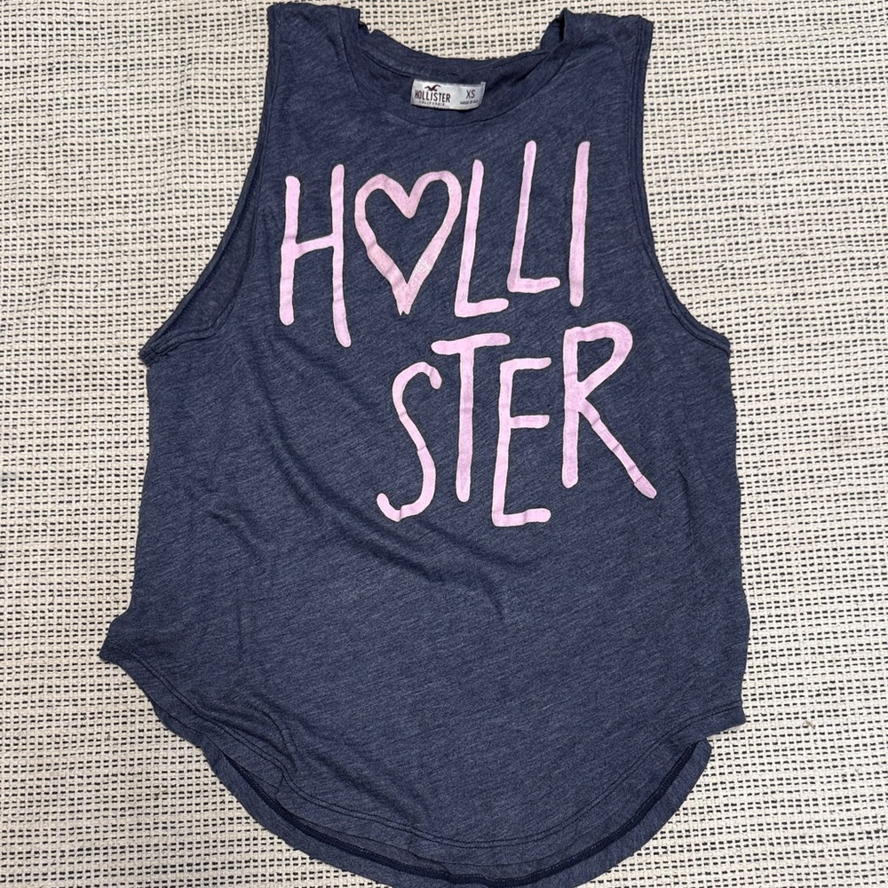 Hollister Navy Gray Sleeveless Tank Top with Pink Heart Logo